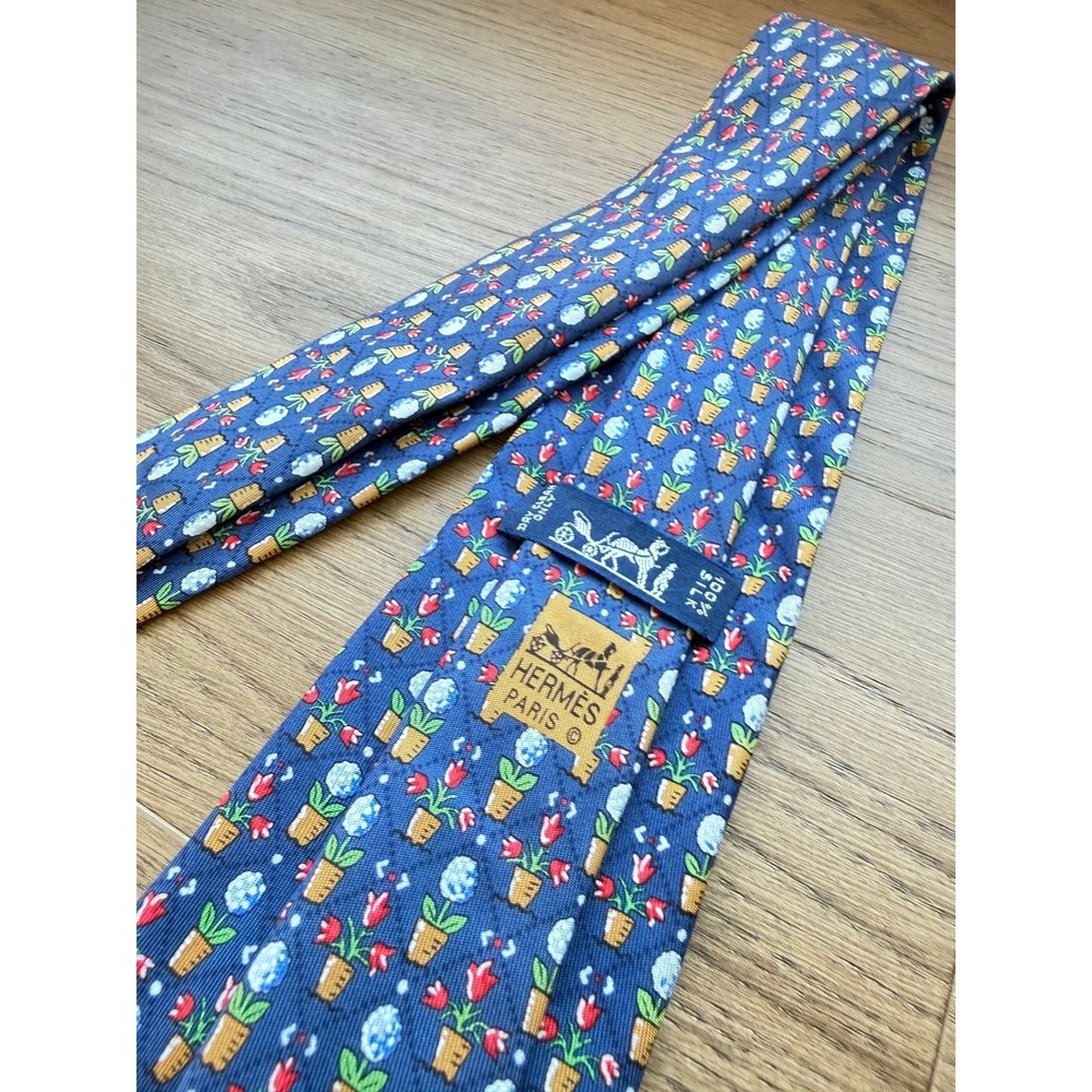 Hermes Paris Mens Blue Silk Tie Potted Flowers Topiary Floral 7692 OA France
